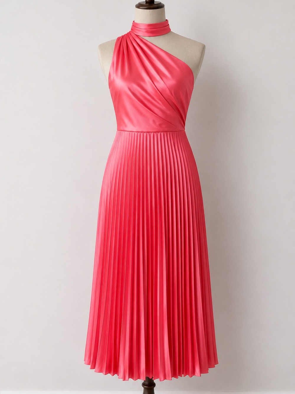 ML Monique Lhuillier Inez Satin Midi Dress Calypso Coral Pleated Size 4 NWT